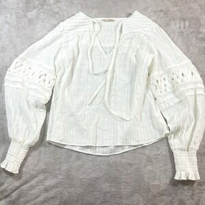 Ramy Brook S Women's Boho Peasant Blouse V-neck Tie Balloon‎ Sleeve Embroidered